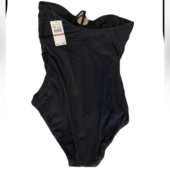 Michael Kors Black Halter Logo MK One Piece Ruched Swimsuit Sz 12 Large Bandeau - Picture 3 of 10